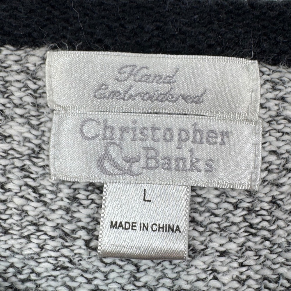 Christopher & Banks Dog Embroidered Zip Cardigan Grey Marled Knit Bone Pull L - Picture 7 of 10